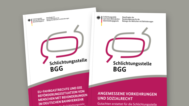 Auf dem Bild sind die beiden Gutachten "EU-Fahrgastrechte und die Beförderungssituation von Menschen mit Behinderungen im deutschen Bahnverkehr" und "Angemessene Vorkehrungen und Sozialrecht" dargestellt.