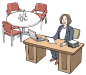 Eine Frau sitzt an ihrem Schreibtisch. (Quelle: Lebenshilfe für Menschen mit geistiger Behinderung Bremen e.V., Illustrator Stefan Albers, Atelier Fleetinsel, 2013)