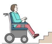 Eine Frau im Rollstuhl steht vor einer Treppe. (Quelle: Lebenshilfe für Menschen mit geistiger Behinderung Bremen e.V., Illustrator Stefan Albers, Atelier Fleetinsel, 2013)