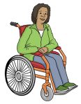  Eine Frau im Rollstuhl. (Quelle: Lebenshilfe für Menschen mit geistiger Behinderung Bremen e.V., Illustrator Stefan Albers, Atelier Fleetinsel, 2013)