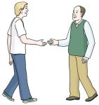 Zwei Männer begrüßen sich mit Hand. (Quelle: Lebenshilfe für Menschen mit geistiger Behinderung Bremen e.V., Illustrator Stefan Albers, Atelier Fleetinsel, 2013)