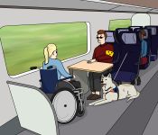Eine Frau im Rollstuhl und ein blinder Mann mit Assitenzhund sitzen zusammen im Zug. (Quelle: Blomstra Gesellschaft für Bildungsberatung Bonn)