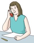 Eine Frau sitzt am Tisch und ist am telefonieren. (Quelle: Lebenshilfe für Menschen mit geistiger Behinderung Bremen e.V., Illustrator Stefan Albers, Atelier Fleetinsel, 2013)
